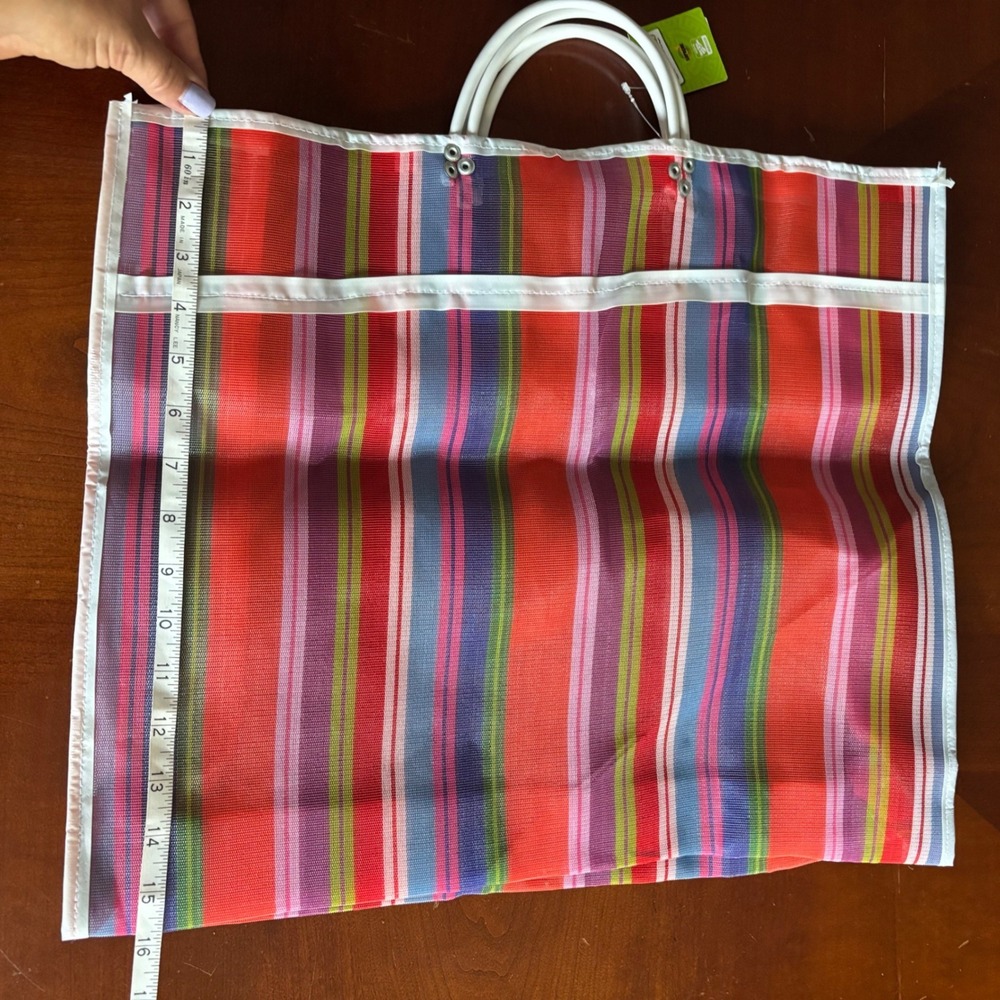 Market Bag | Tote | Rainbow Plaid Mesh | Lg Multicolor Checkered Grocery Beach - Picture 2 of 6